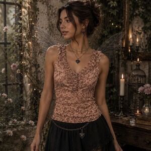 Promod Paisley Y2K Mesh Sheer Tank Top M Peach Ruffle Fairycore Boho Whimsigoth